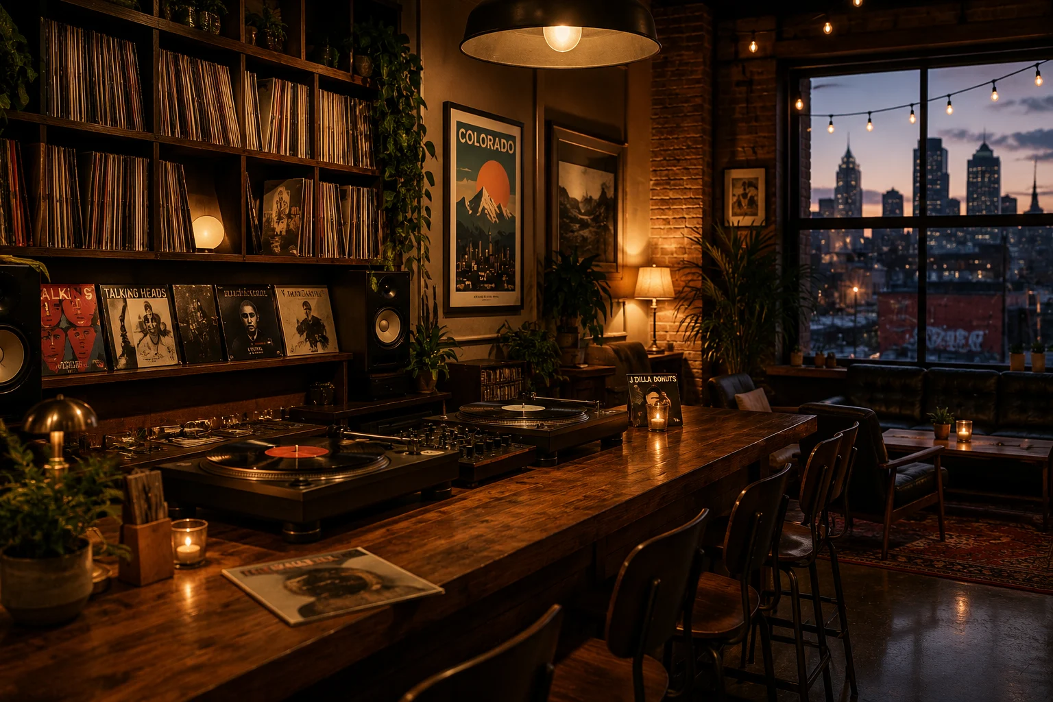 Vinyl listening bar inspired by Japanese jazz kissa culture featuring high-end turntables, stacked vinyl records, and warm ambient lighting in a cozy, analog audio space