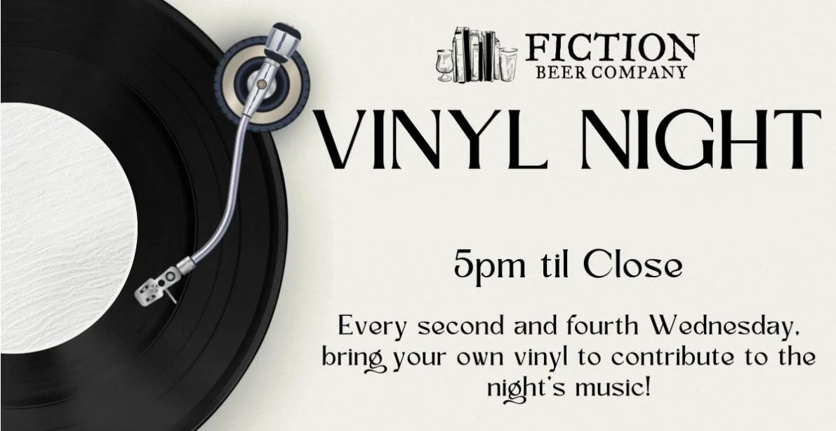 Record collectors enjoying Vinyl Night at Fiction Beer in Denver while listening to albums on a turntable and sharing records with fellow music fans.