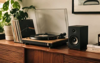 Bluetooth turntable playing a vinyl record beside a wireless bookshelf speaker in a modern living room setup