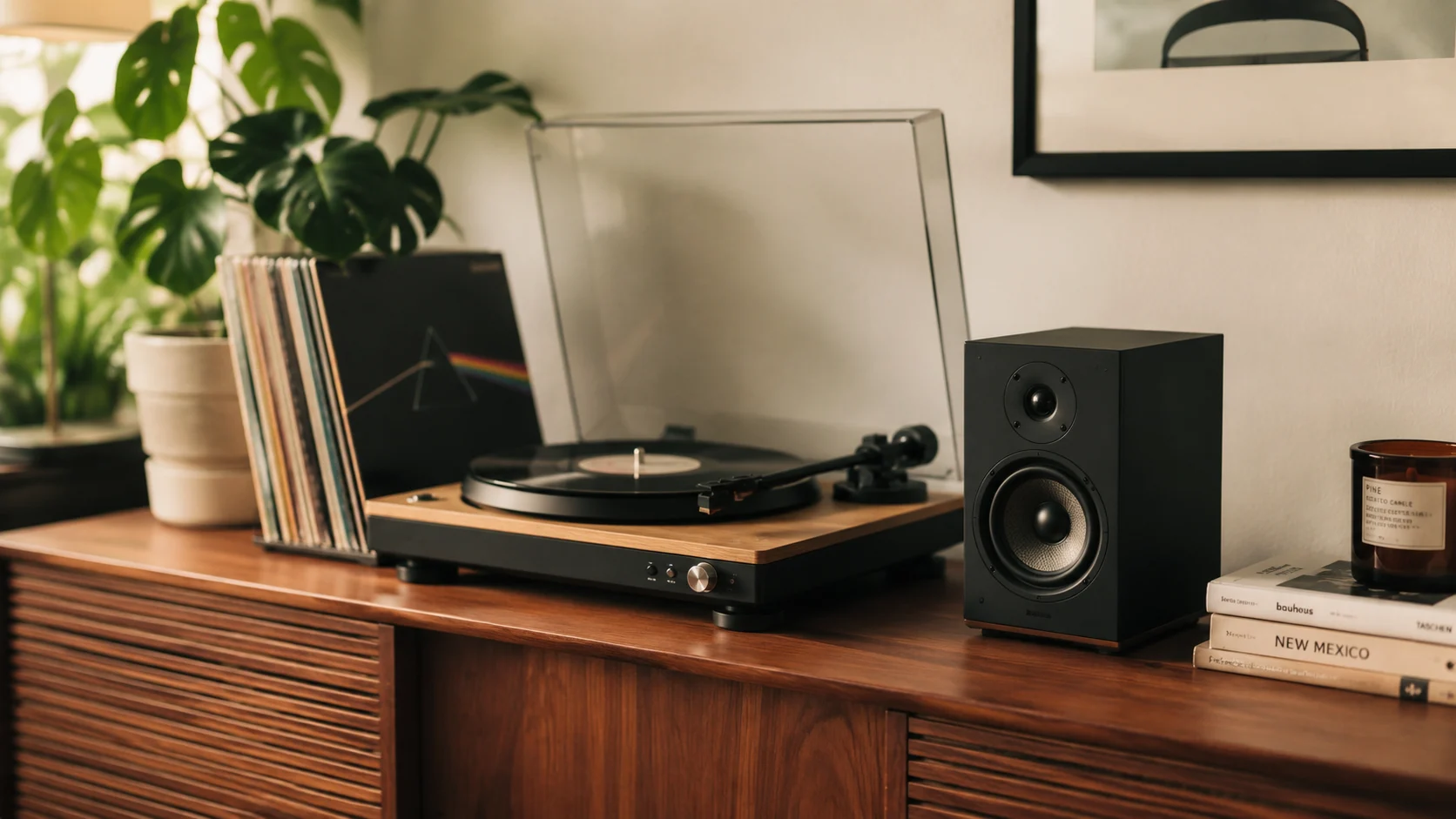 Bluetooth turntable playing a vinyl record beside a wireless bookshelf speaker in a modern living room setup