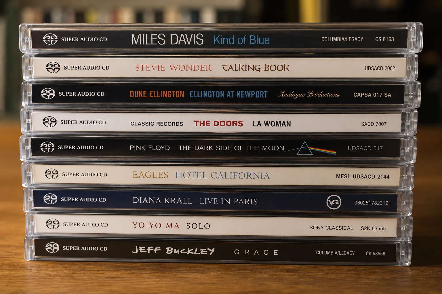 A stack of Super Audio CDs (SACDs) showcasing the high-resolution audio format popular with audiophiles and music collectors.