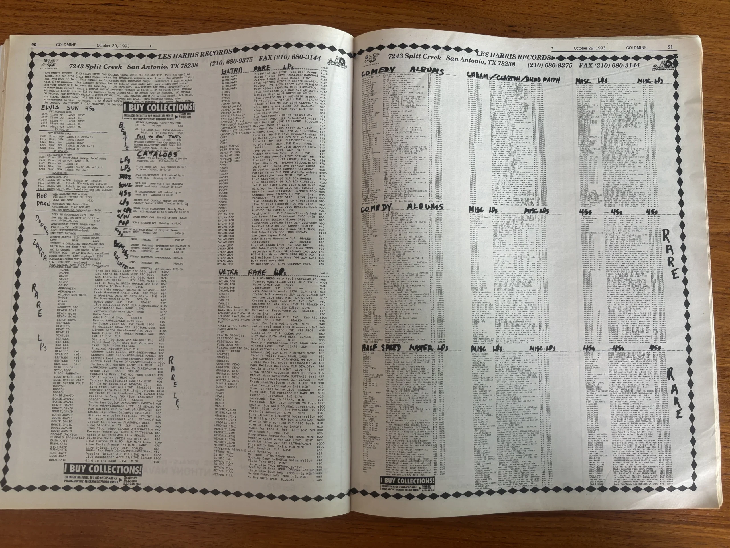 Vintage Goldmine Magazine Record Collector Classified Ads – 1993 Open 1993 issue of Goldmine Magazine showing vintage record collector classified ads and handwritten notes
