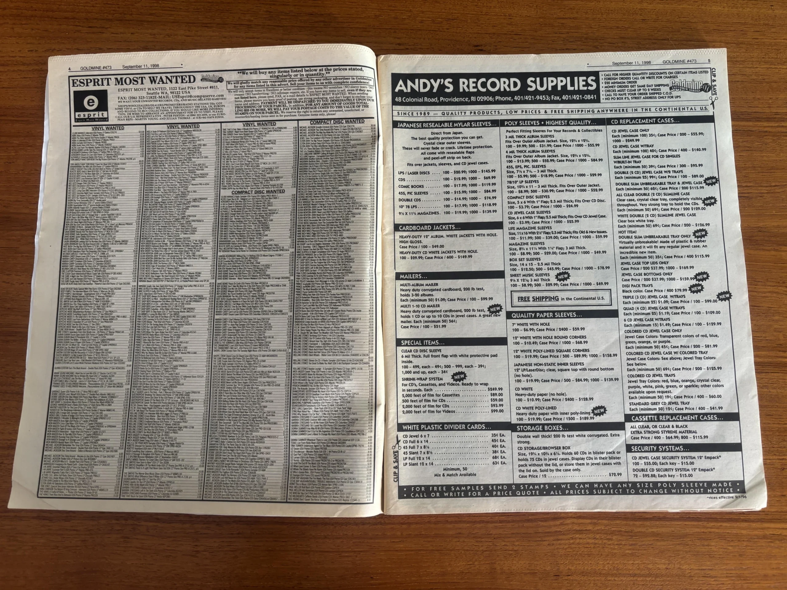 Goldmine Magazine Classifieds and Record Collecting Supplies (1998) Classified wanted ads and record collecting supplies in a 1998 issue of Goldmine Magazine, illustrating how vinyl collectors bought, sold, and preserved records before the internet.